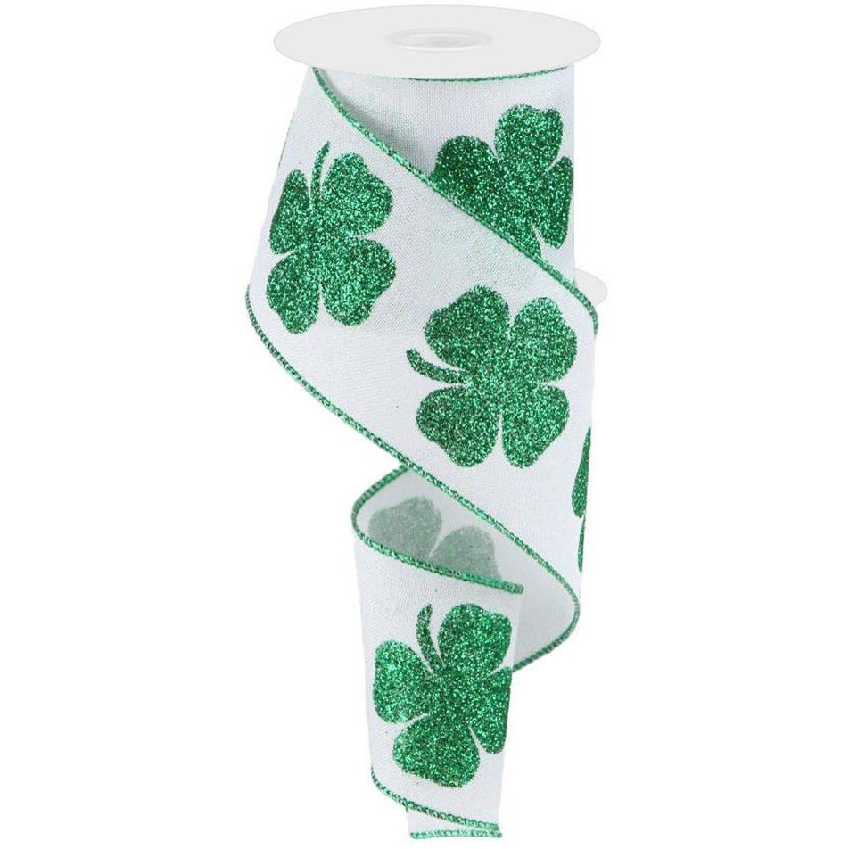Shop For 2.5" Bold Glitter Clover Ribbon: White/Green (10 Yards) at Michelle's aDOORable Creations