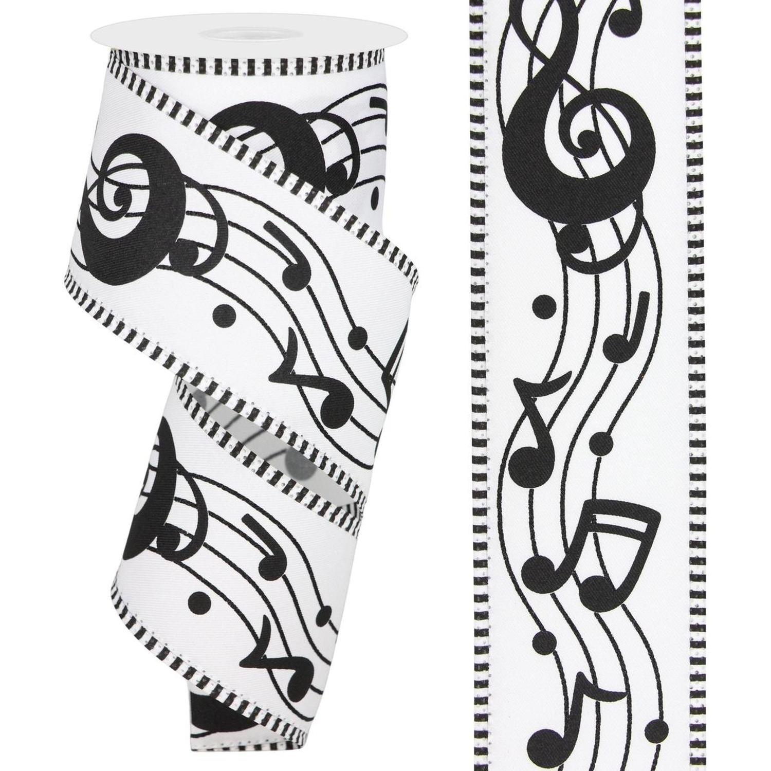 2.5" Bold Music Notes Ribbon: White (10 Yards)