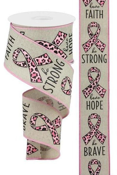 2.5" Breast Cancer Leopard Ribbon: Lt Natural (10 Yards) - Michelle's aDOORable Creations - Wired Edge Ribbon