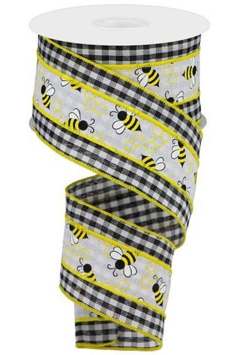2.5" Bumblebees on Check Ribbon: Black & White (10 Yards)