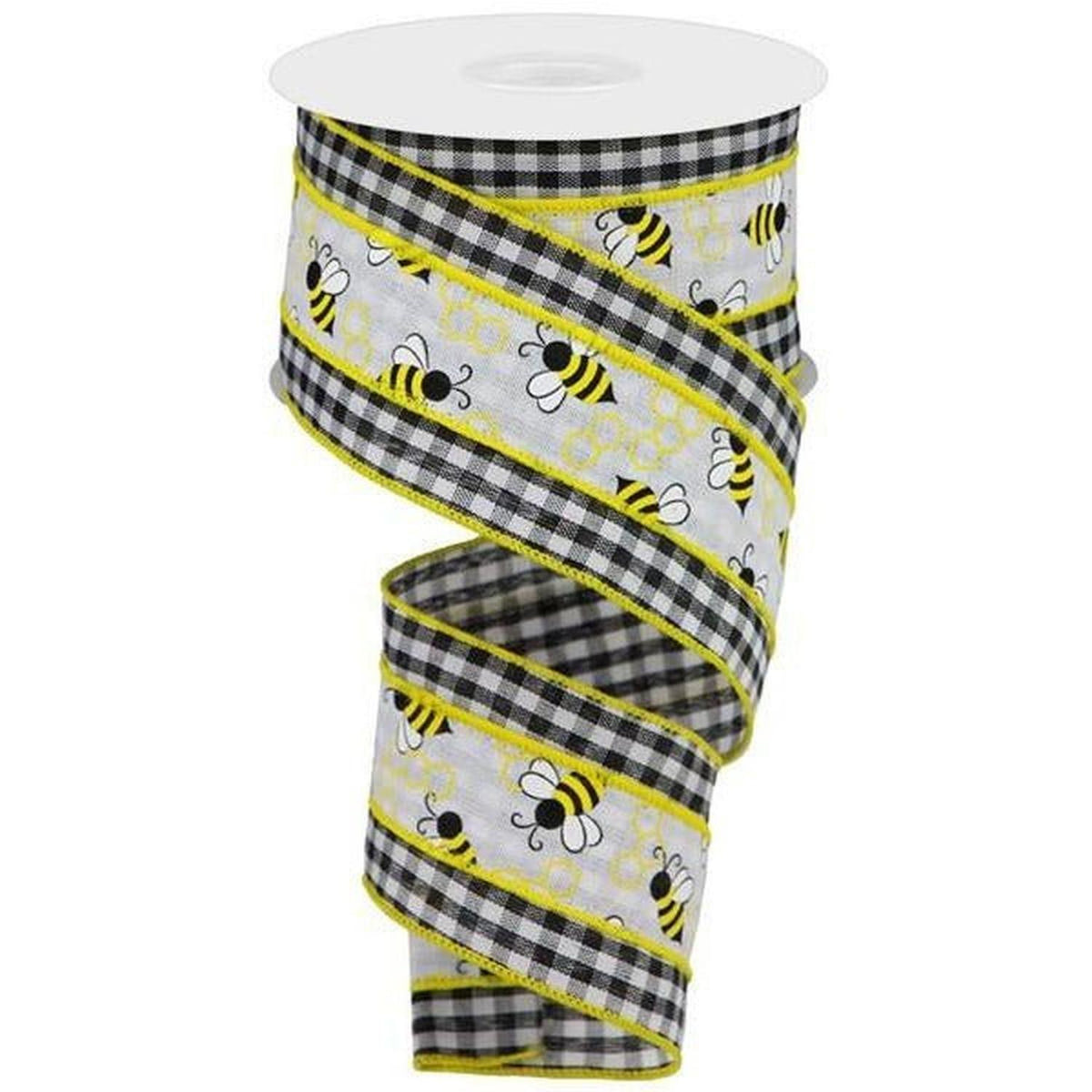 Shop For 2.5" Bumblebees on Check Ribbon: Black & White (10 Yards) at Michelle's aDOORable Creations