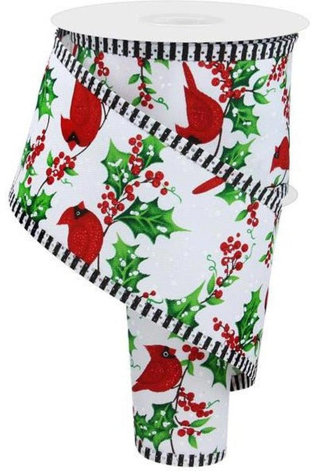 Shop For 2.5" Cardinal Holly Berry Stripe Edge Ribbon: White (10 Yards) at Michelle's aDOORable Creations