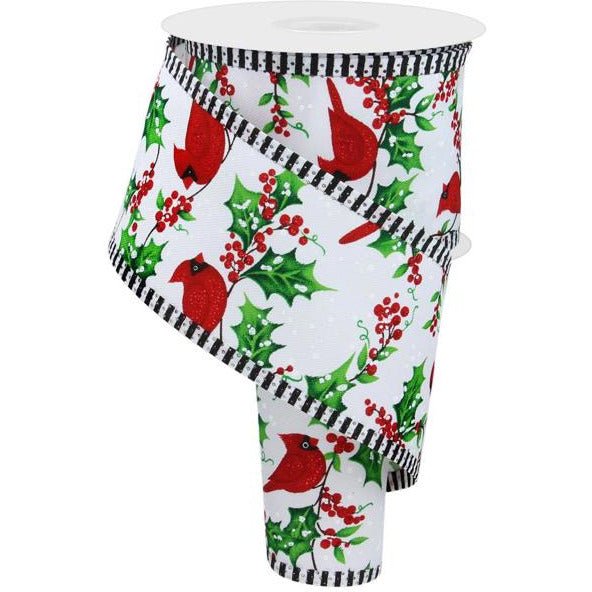 Shop For 2.5" Cardinal Holly Berry Stripe Edge Ribbon: White (10 Yards) at Michelle's aDOORable Creations