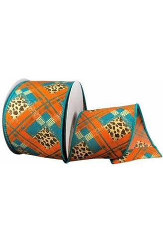 2.5" Cheetah Argyle Plaid Ribbon: Teal & Orange (10 Yards) - Michelle's aDOORable Creations - Wired Edge Ribbon