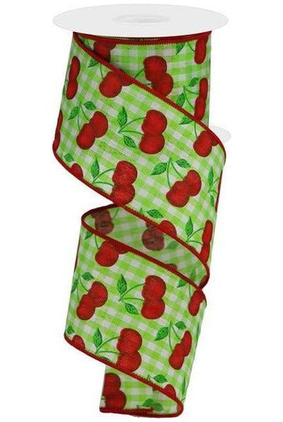 2.5" Cherries on Gingham Check Ribbon: Green (10 Yards) - Michelle's aDOORable Creations - Wired Edge Ribbon