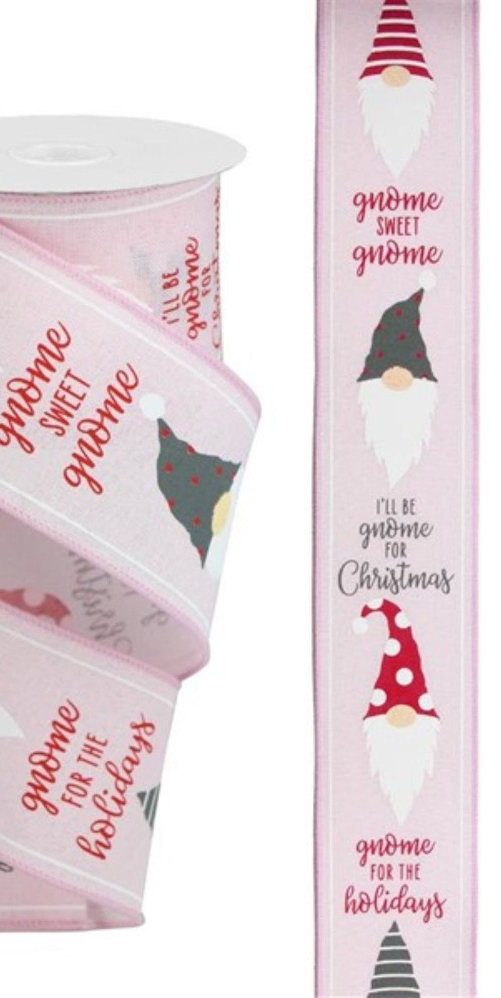 2.5" Christmas Gnomes on Royal Ribbon: Pink (10 Yards) - Michelle's aDOORable Creations - Wired Edge Ribbon
