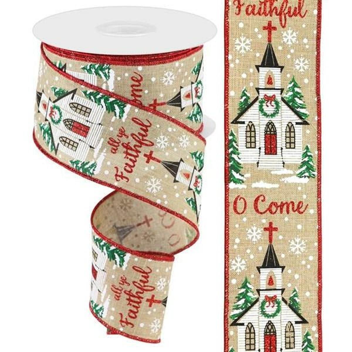 Shop For 2.5" Come All Ye Faithful Ribbon: Light Beige (10 Yards) at Michelle's aDOORable Creations