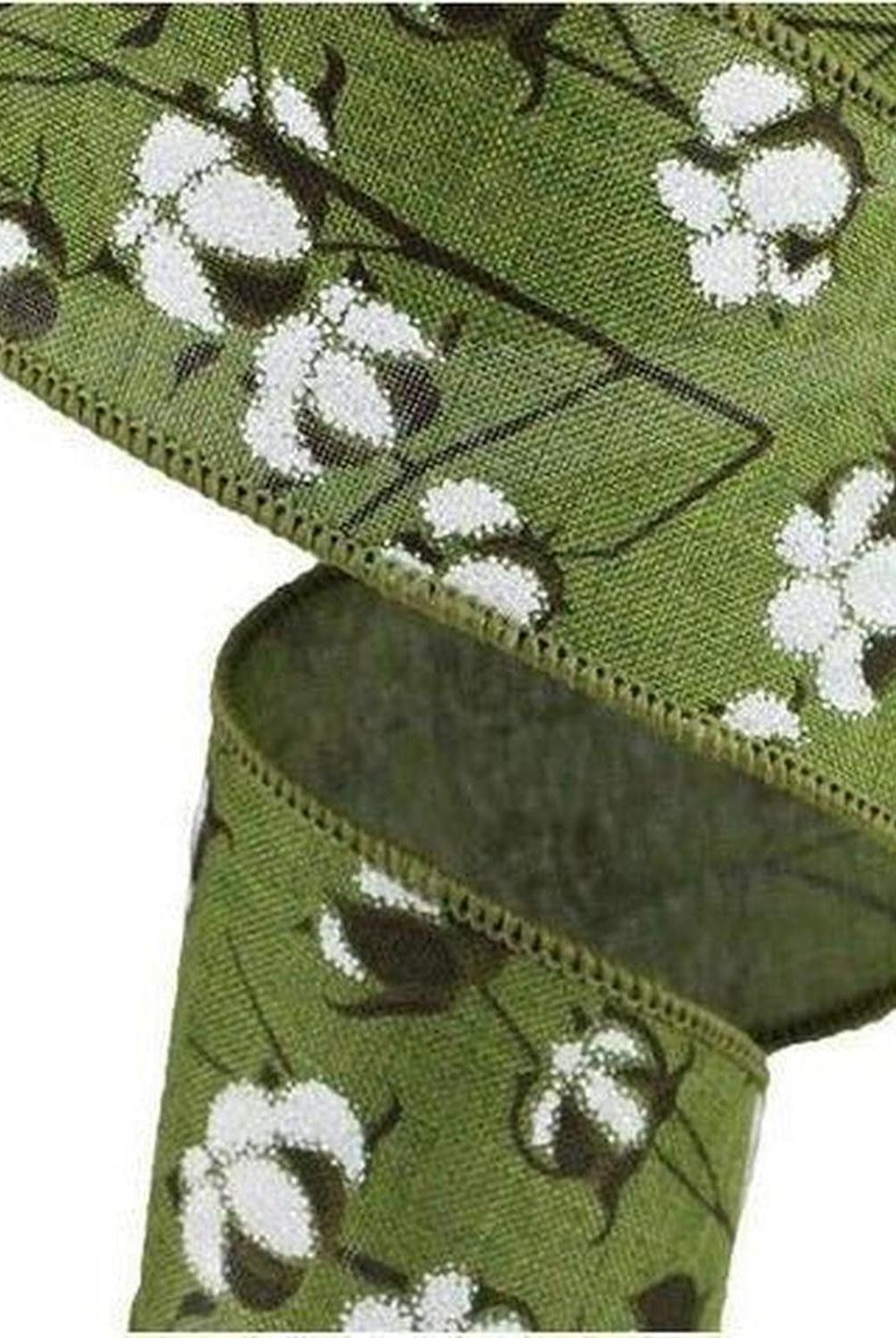 2.5" Cotton Pod Ribbon: Moss Green & White (10 Yards)