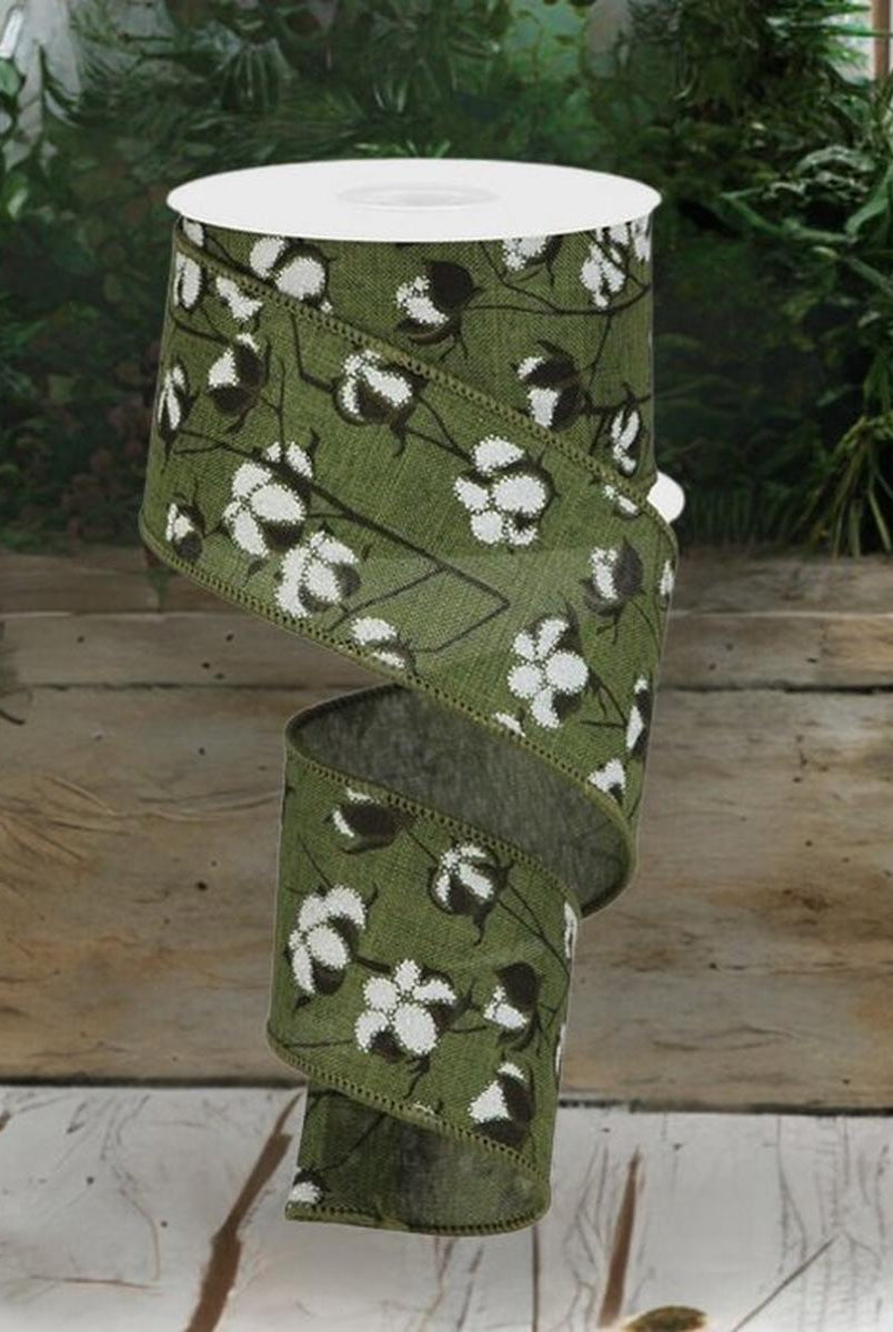 Shop For 2.5" Cotton Pod Ribbon: Moss Green & White (10 Yards) at Michelle's aDOORable Creations