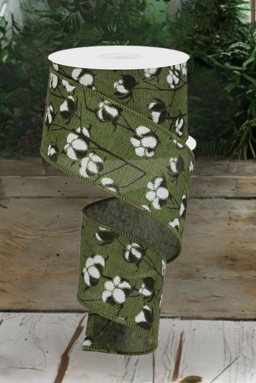 2.5" Cotton Pod Ribbon: Moss Green & White (10 Yards)