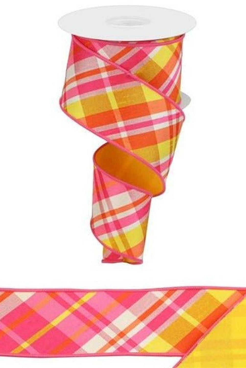 Shop For 2.5" Diagonal Plaid Fused Ribbon: Hot Pink/Yellow (10 Yards) at Michelle's aDOORable Creations