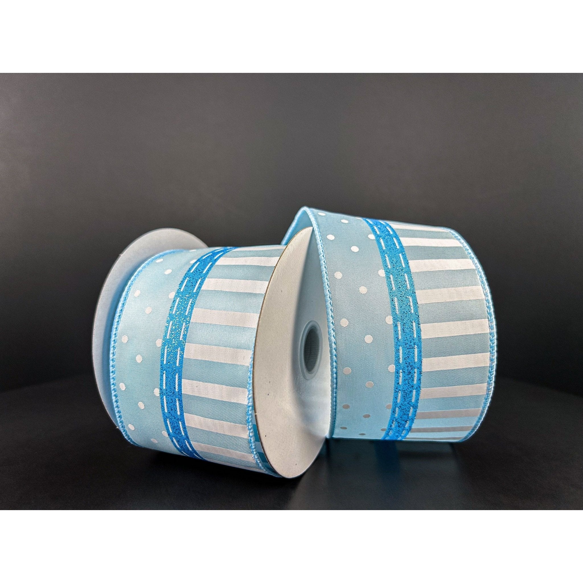 Shop For 2.5" Dots and Stripes Whimsy Ribbon: Blue & White (10 Yards) at Michelle's aDOORable Creations