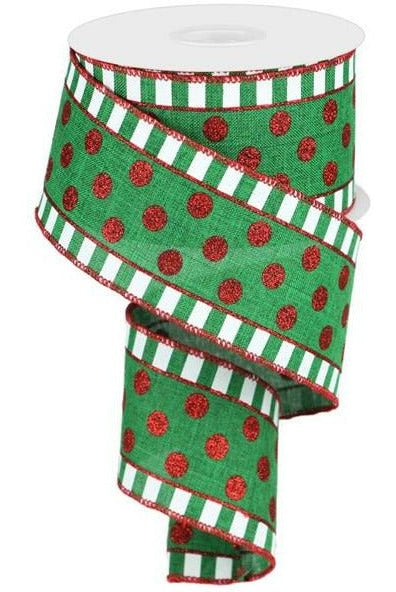 Shop For 2.5" Dots & Stripes Glitter Ribbon: Emerald Green, White & Red (10 Yards) at Michelle's aDOORable Creations
