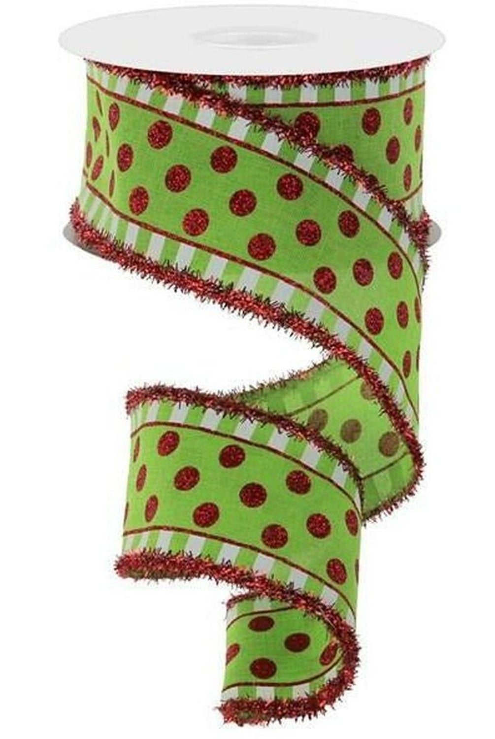 2.5" Dots & Stripes Glitter Tinsel Edge Ribbon: Lime Green, White & Red (10 Yards)