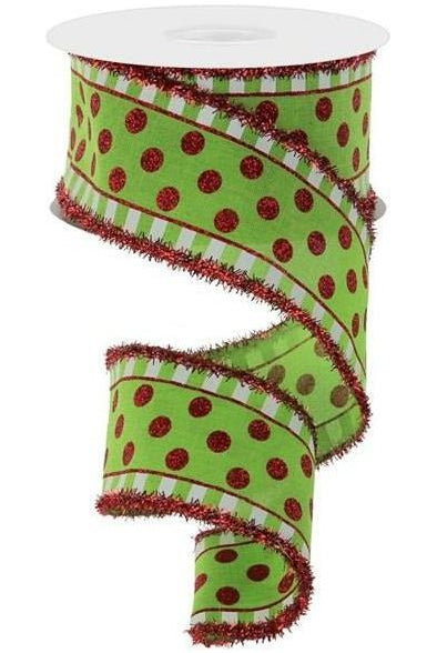2.5" Dots & Stripes Glitter Tinsel Edge Ribbon: Lime Green, White & Red (10 Yards) - Michelle's aDOORable Creations - Wired Edge Ribbon