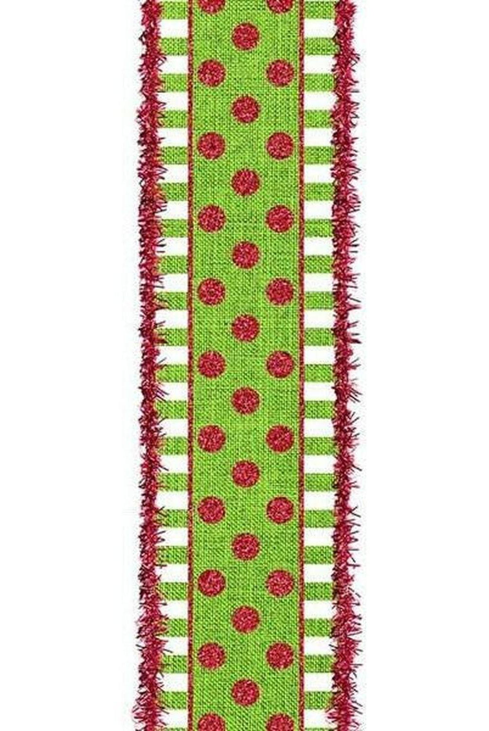 2.5" Dots & Stripes Glitter Tinsel Edge Ribbon: Lime Green, White & Red (10 Yards)