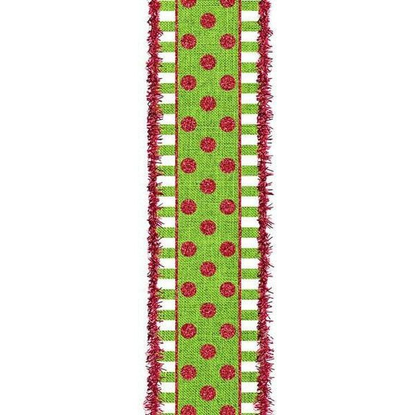 Shop For 2.5" Dots & Stripes Glitter Tinsel Edge Ribbon: Lime Green, White & Red (10 Yards) at Michelle's aDOORable Creations