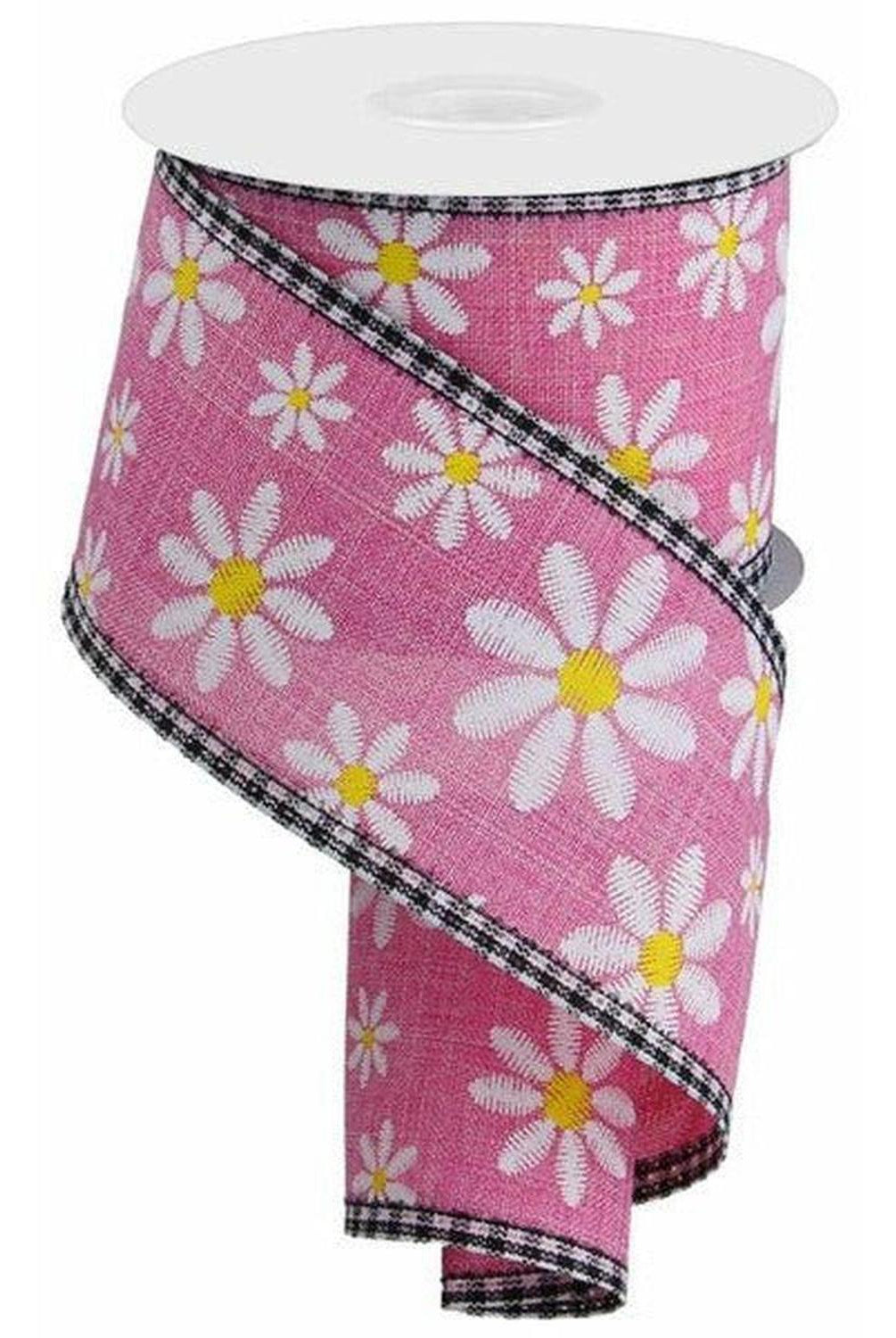 2.5" Embroidered Daisy Check Ribbon: Pink (10 Yards)