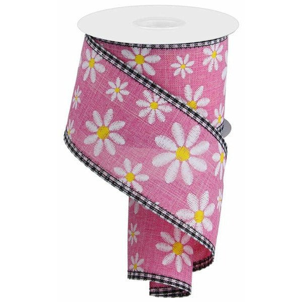 Shop For 2.5" Embroidered Daisy Check Ribbon: Pink (10 Yards) at Michelle's aDOORable Creations