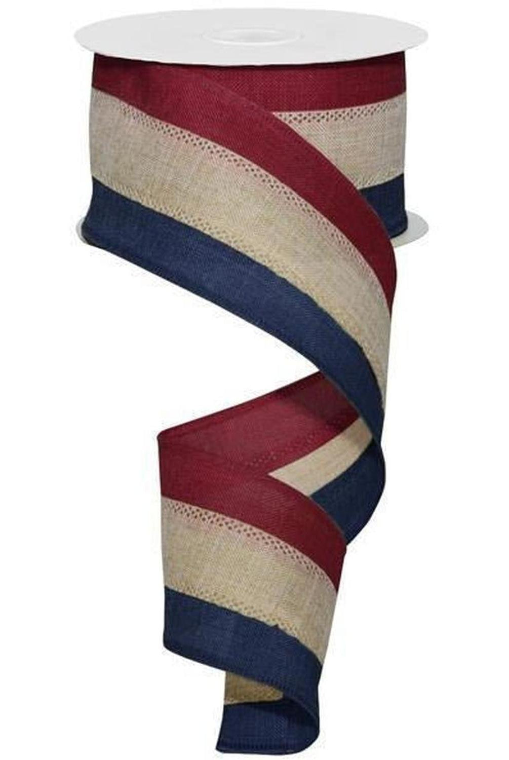 2.5" Faux Burlap Striped Ribbon: Burgundy, Beige, Navy (10 Yards)