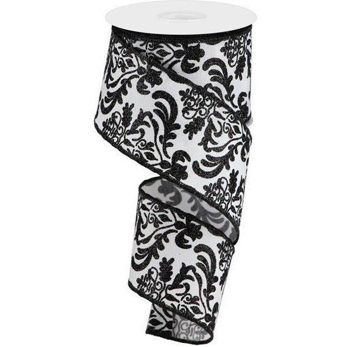 Shop For 2.5" Faux Dupioni Damask Ribbon: Black & White (10 Yards) at Michelle's aDOORable Creations