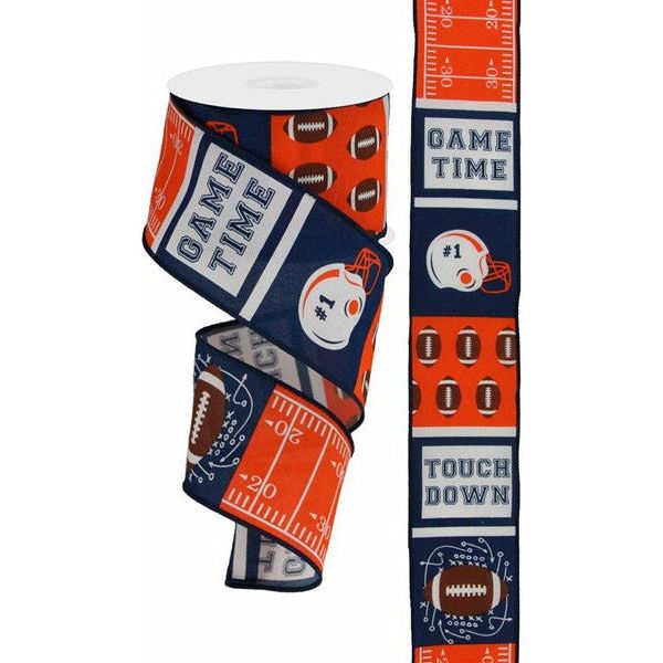 Shop For 2.5" Football Block Pattern Ribbon: Navy/Orange (10 Yards) at Michelle's aDOORable Creations
