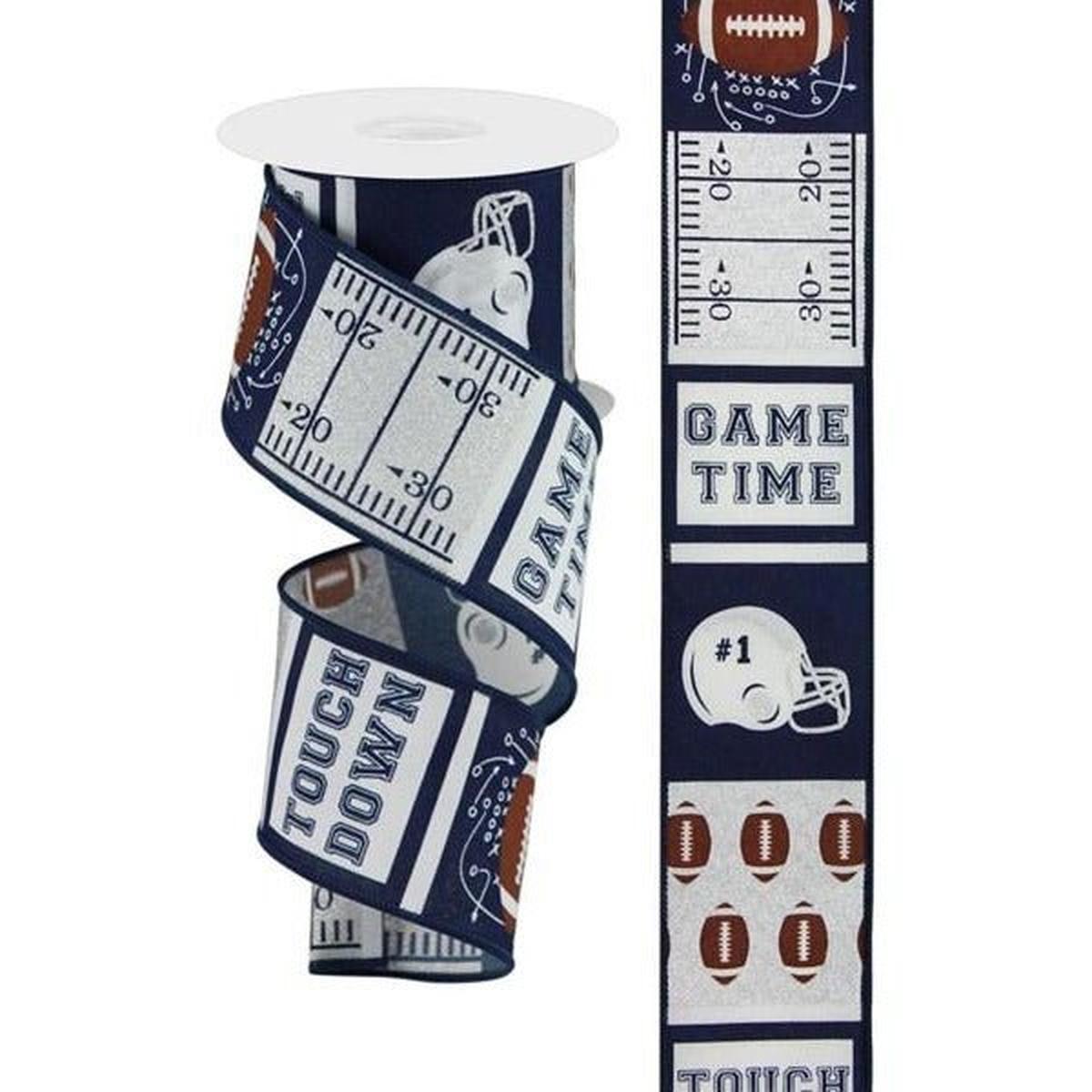Shop For 2.5" Football Block Pattern Ribbon: Navy/Silver (10 Yards) at Michelle's aDOORable Creations
