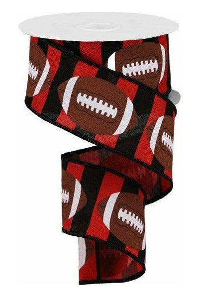 2.5" Footballs on Royal Ribbon: Red/Black (10 Yards) - Michelle's aDOORable Creations - Wired Edge Ribbon