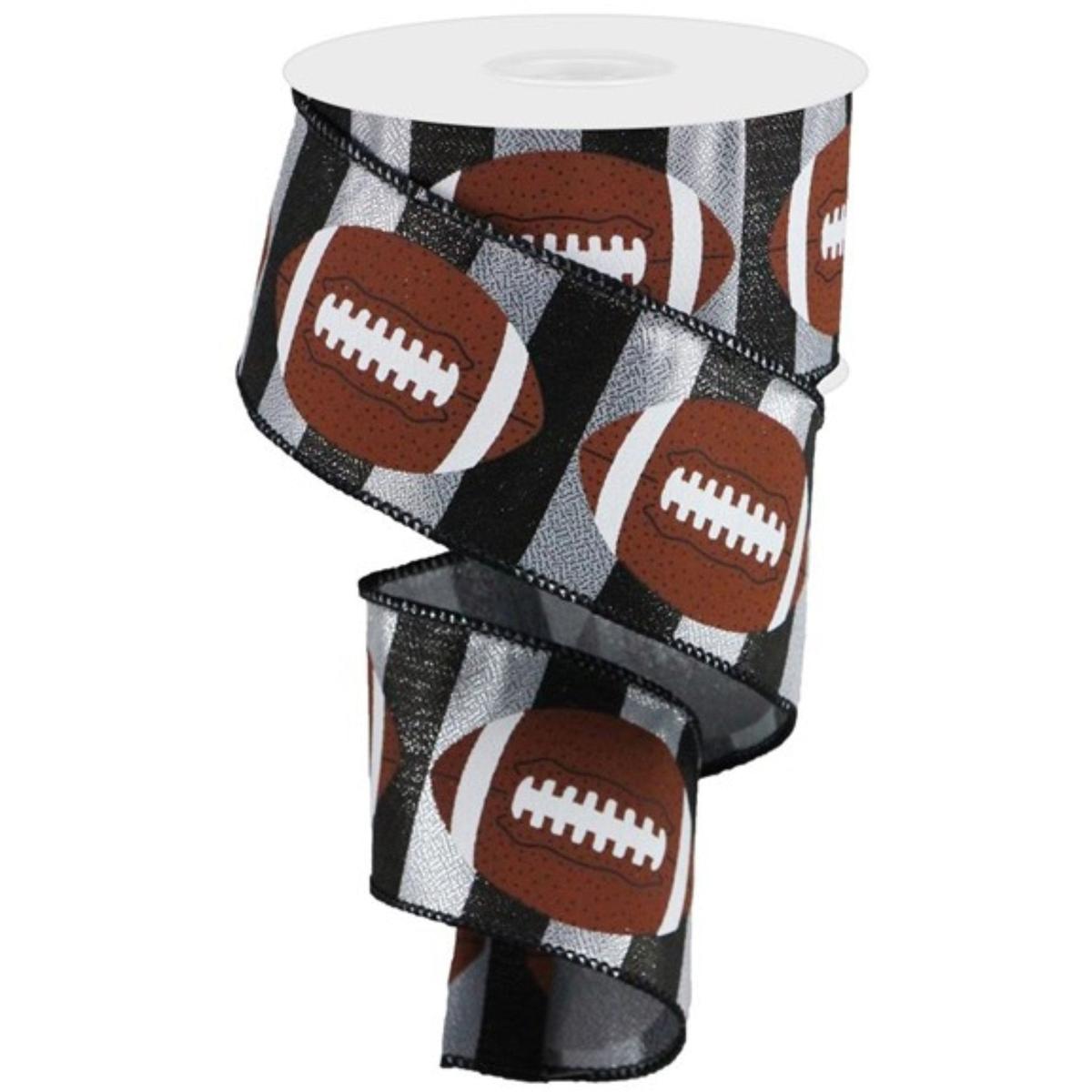 Shop For 2.5" Footballs On Stripe Ribbon: Black & Silver (10 Yards) at Michelle's aDOORable Creations