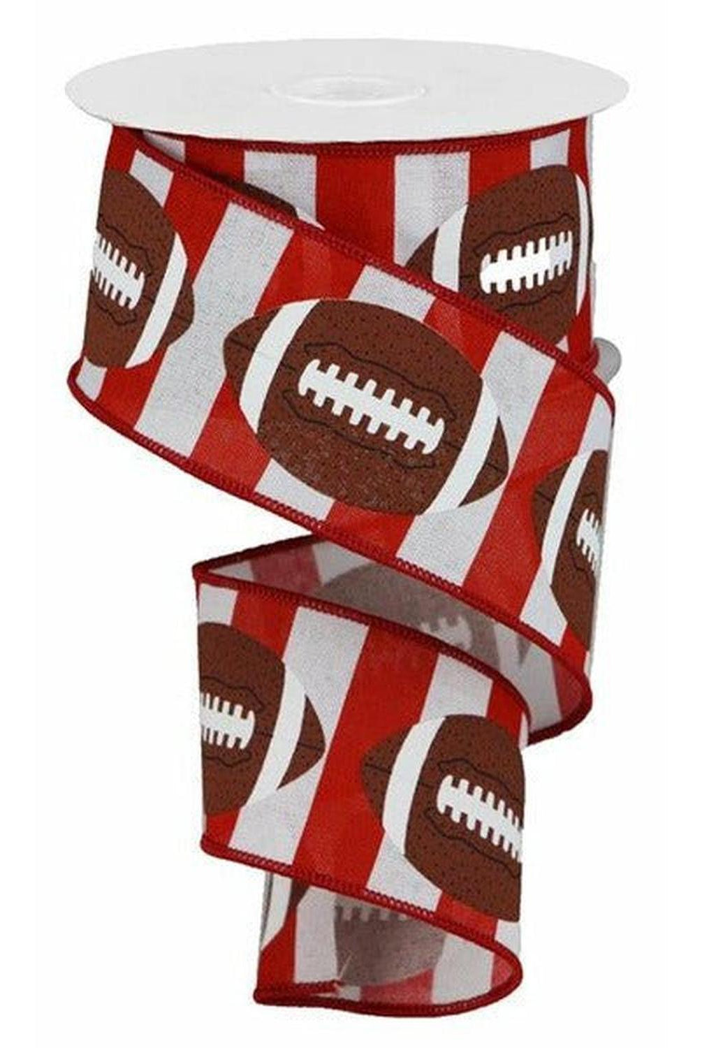2.5" Footballs On Stripe Ribbon: Crimson & White (10 Yards)