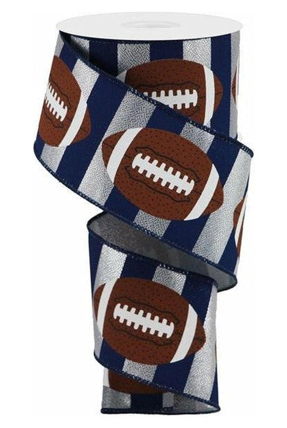 2.5" Footballs On Stripe Ribbon: Silver & Navy (10 Yards)