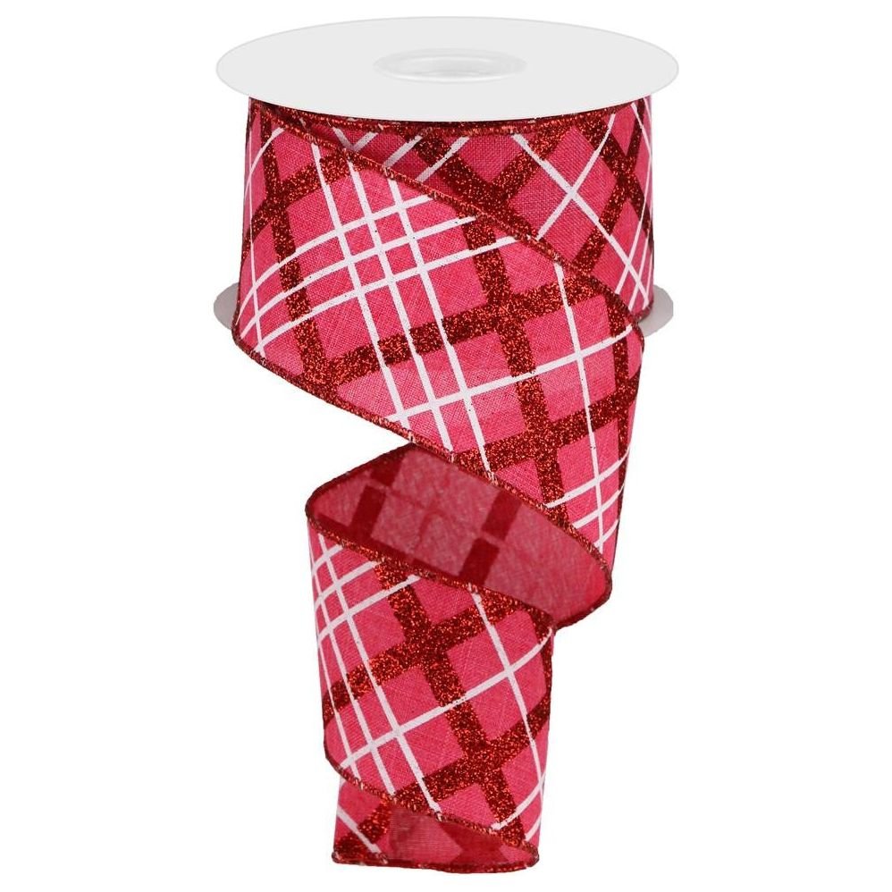 Shop For 2.5" Glitter Diagonal Plaid: Hot Pink/Red (10 Yard) at Michelle's aDOORable Creations