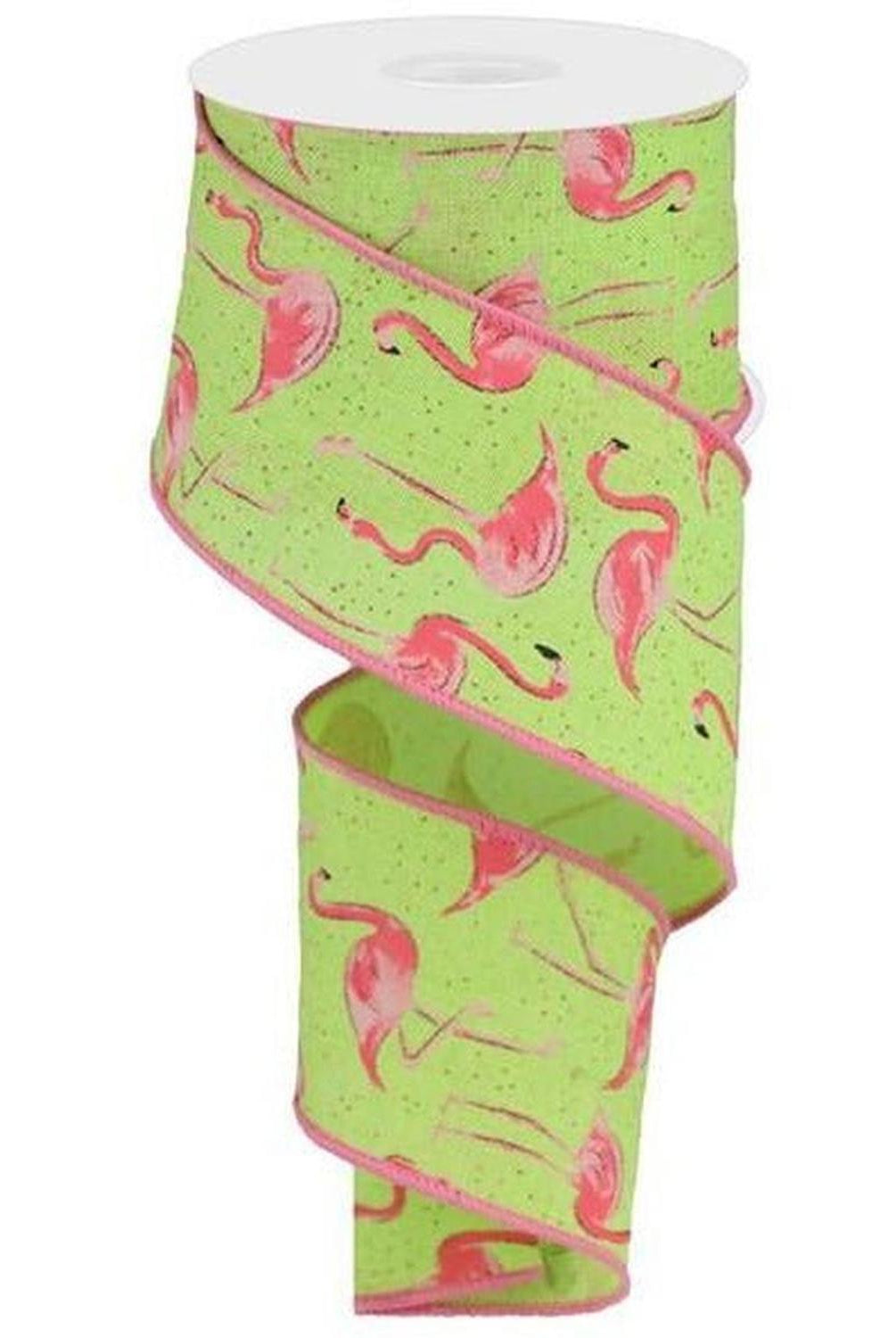 Shop For 2.5" Glitter Flamingo Ribbon: Lime Green (10 Yards) at Michelle's aDOORable Creations
