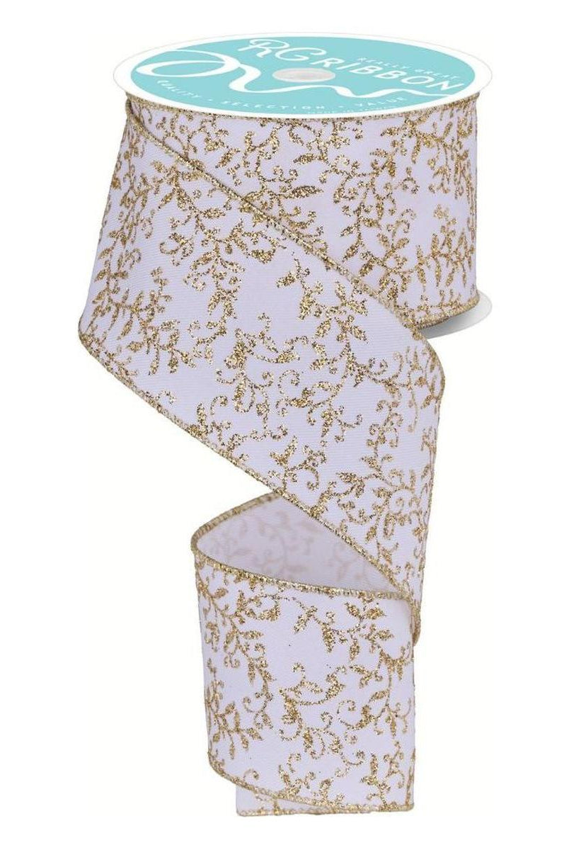 Shop For 2.5" Glitter Mini Leaf Vines Ribbon: Gold/White (10 Yards) at Michelle's aDOORable Creations