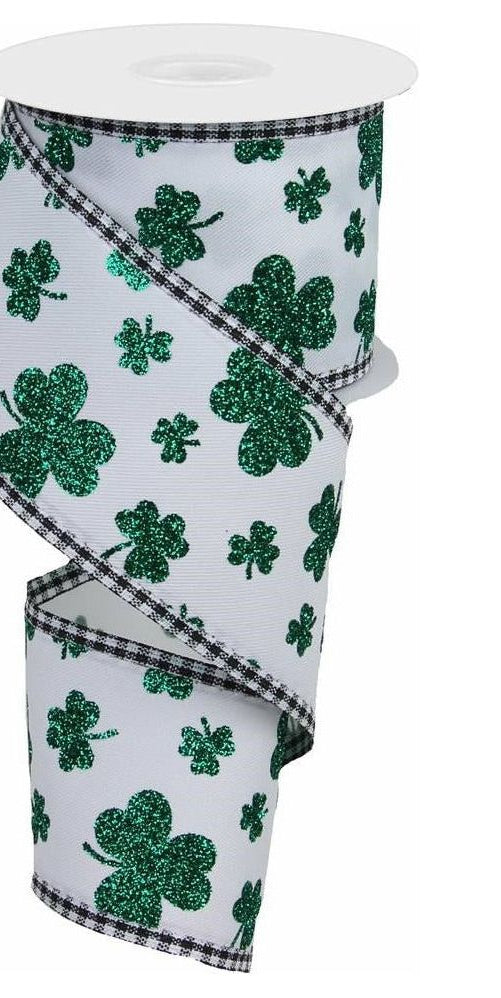 2.5" Glitter Shamrocks Gingham Ribbon: White (10 Yards) - Michelle's aDOORable Creations - Wired Edge Ribbon