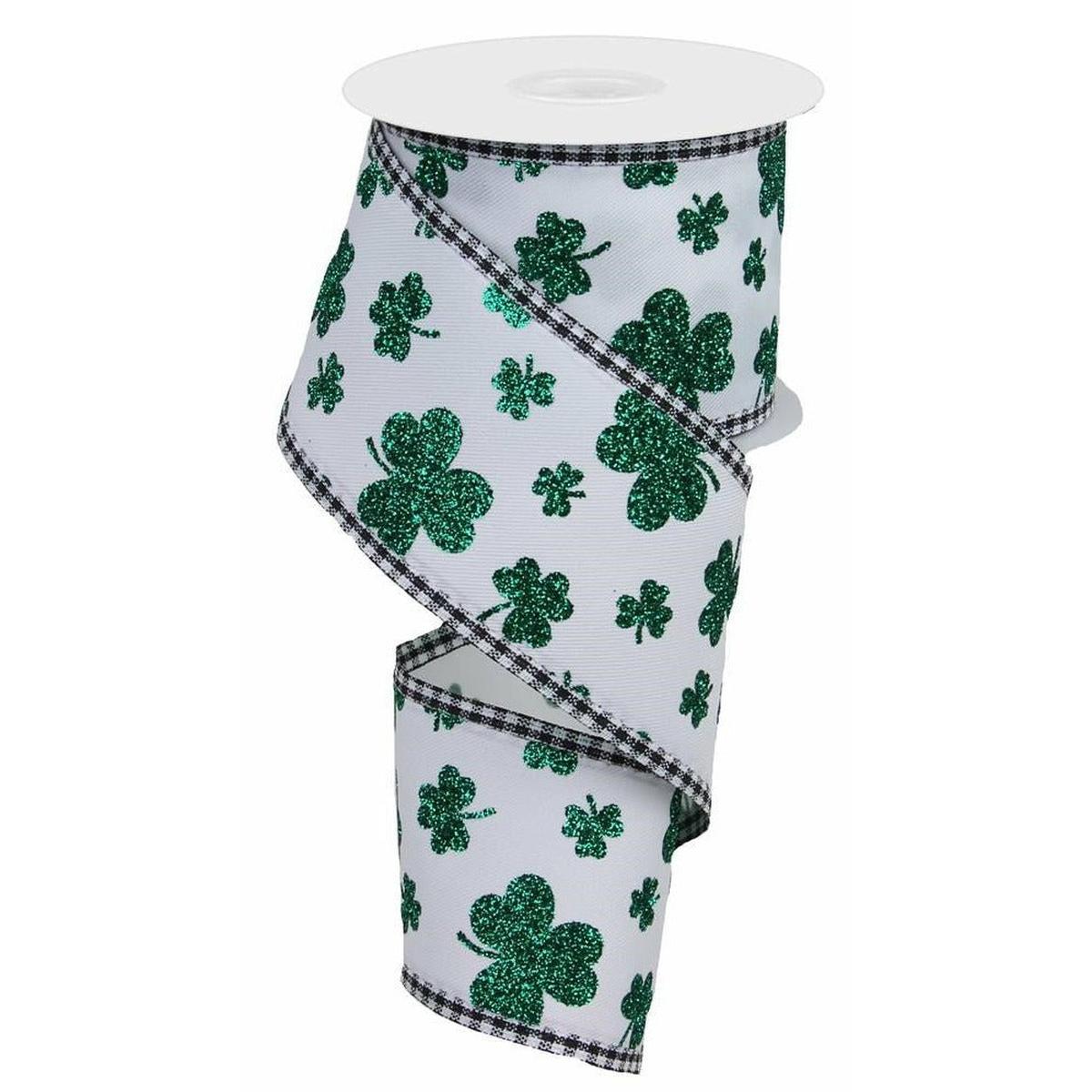 Shop For 2.5" Glitter Shamrocks Gingham Ribbon: White (10 Yards) at Michelle's aDOORable Creations