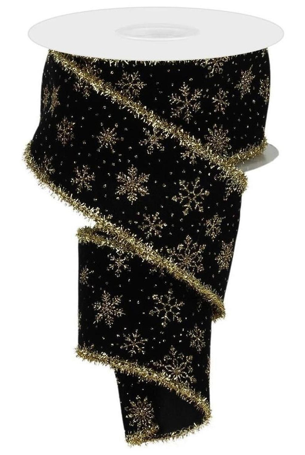 2.5" Glitter Snowflakes Tinsel Ribbon: Gold/Black (10 Yards)