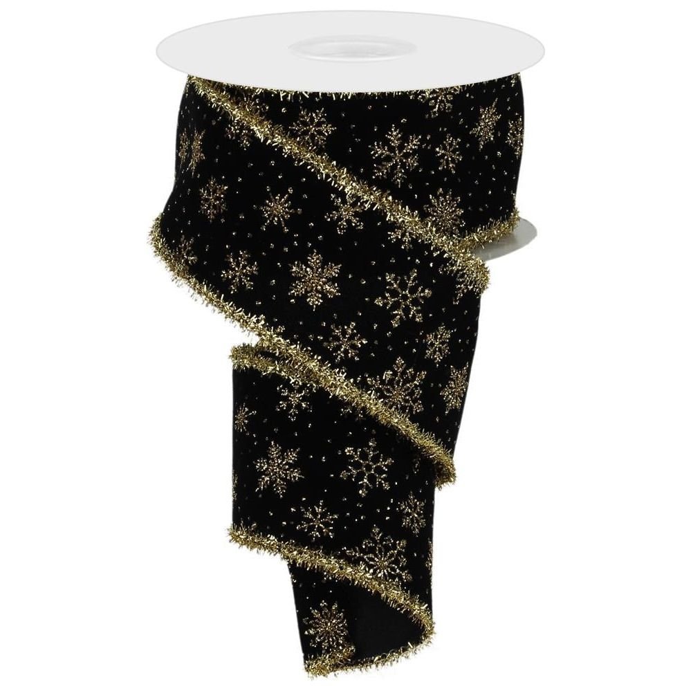 Shop For 2.5" Glitter Snowflakes Tinsel Ribbon: Gold/Black (10 Yards) at Michelle's aDOORable Creations