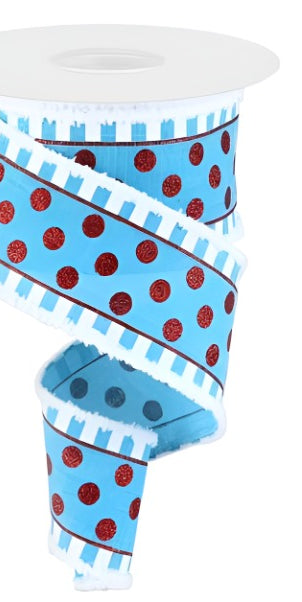2.5" Glitter Stripes Polka Dot Drfit Edge Ribbon: Turquoise & Red (10 Yards) - Michelle's aDOORable Creations - Wired Edge Ribbon