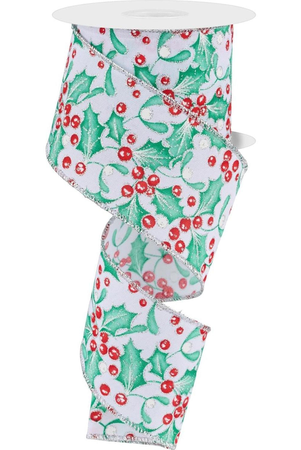 2.5" Holly Berry Mistletoe Ribbon: White/Mint (10 Yards)