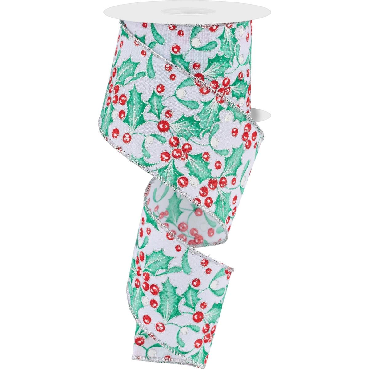 Shop For 2.5" Holly Berry Mistletoe Ribbon: White/Mint (10 Yards) at Michelle's aDOORable Creations