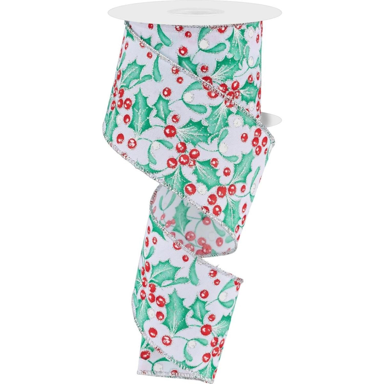 Shop For 2.5" Holly Berry Mistletoe Ribbon: White/Mint (10 Yards) at Michelle's aDOORable Creations