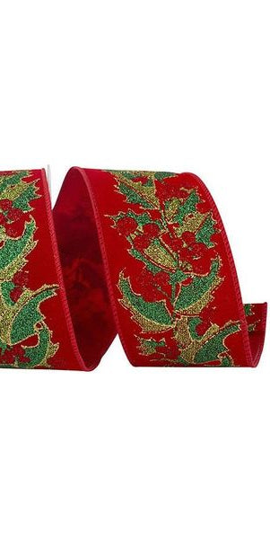 2.5" Holly Glitter Velvet Ribbon: Red/Gold (10 Yards) - Michelle's aDOORable Creations - Wired Edge Ribbon