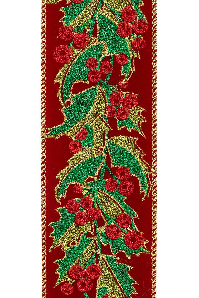 Shop For 2.5" Holly Leaves Glitter Velvet Ribbon: Wine (10 Yards) at Michelle's aDOORable Creations