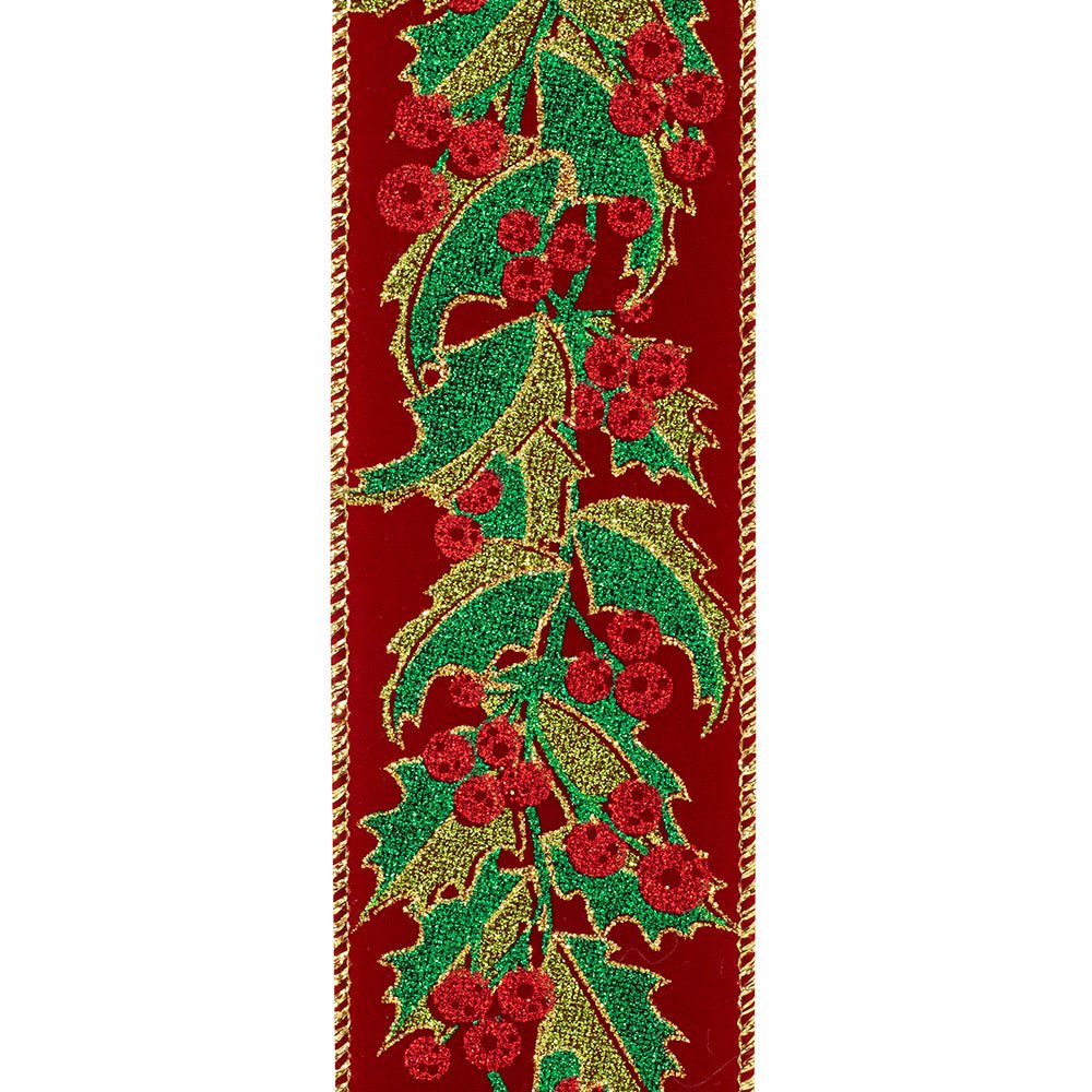 Shop For 2.5" Holly Leaves Glitter Velvet Ribbon: Wine (10 Yards) at Michelle's aDOORable Creations