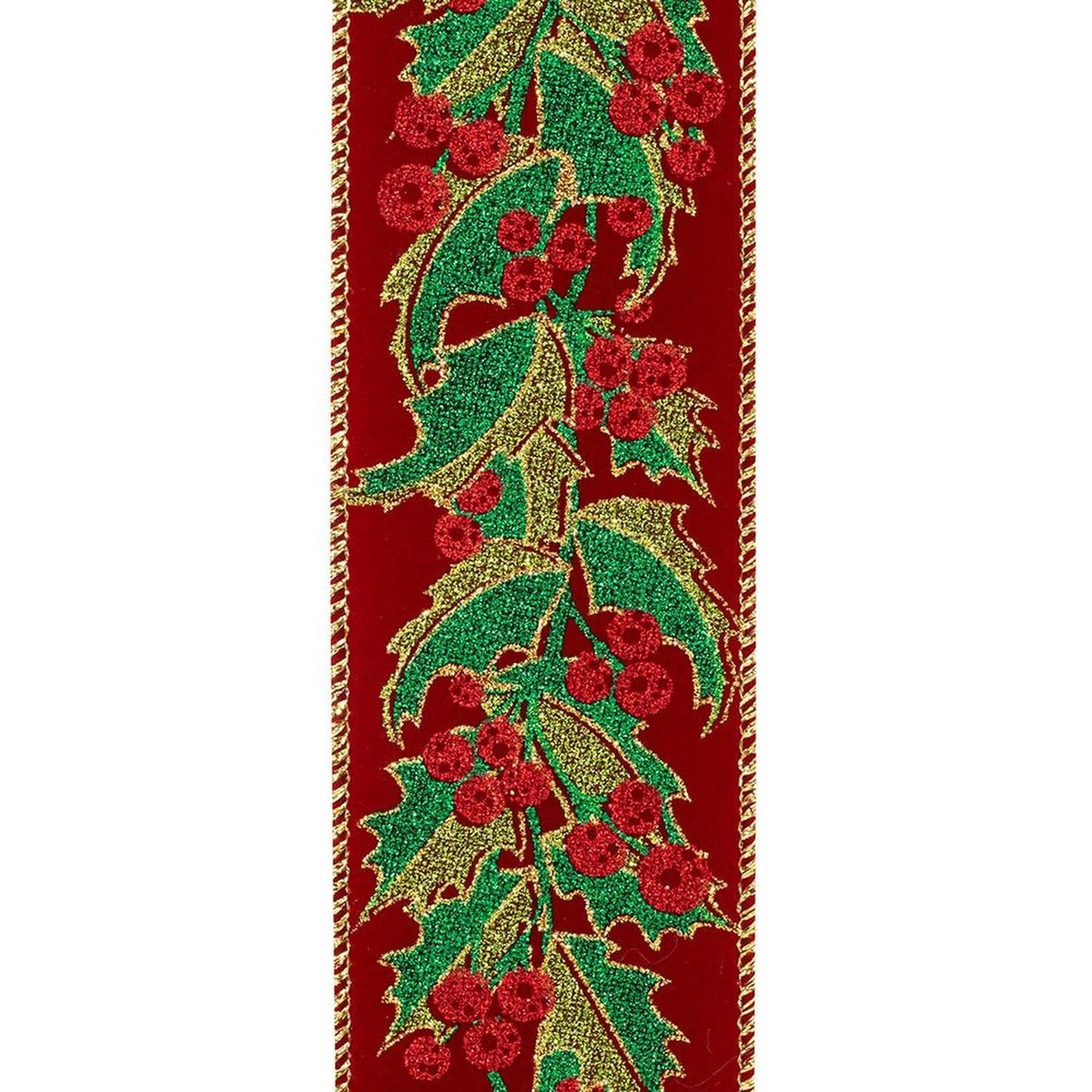 Shop For 2.5" Holly Leaves Glitter Velvet Ribbon: Wine (10 Yards) at Michelle's aDOORable Creations