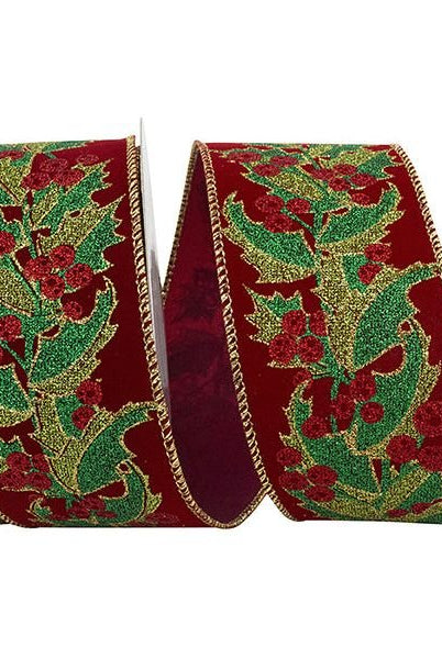 Shop For 2.5" Holly Leaves Glitter Velvet Ribbon: Wine (10 Yards) at Michelle's aDOORable Creations