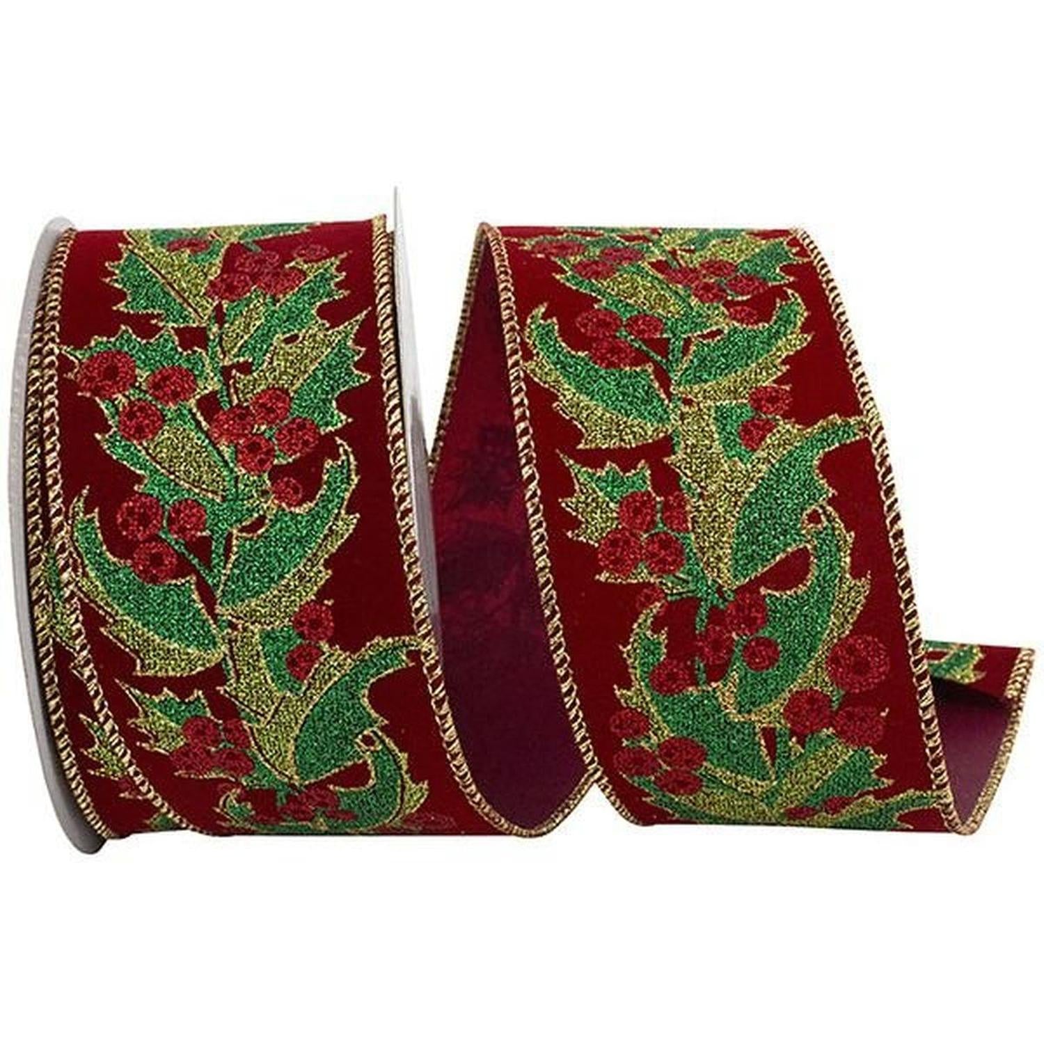 Shop For 2.5" Holly Leaves Glitter Velvet Ribbon: Wine (10 Yards) at Michelle's aDOORable Creations