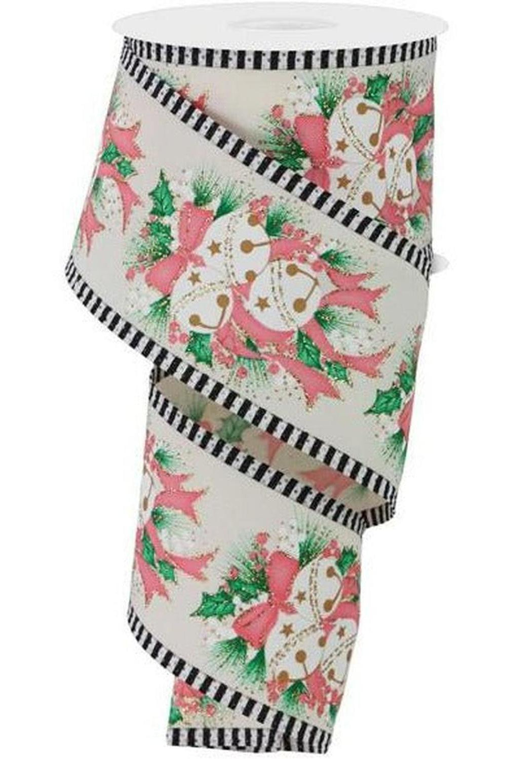 2.5" Jingle Bell Holly Stripe Edge Ribbon: Ivory (10 Yards)