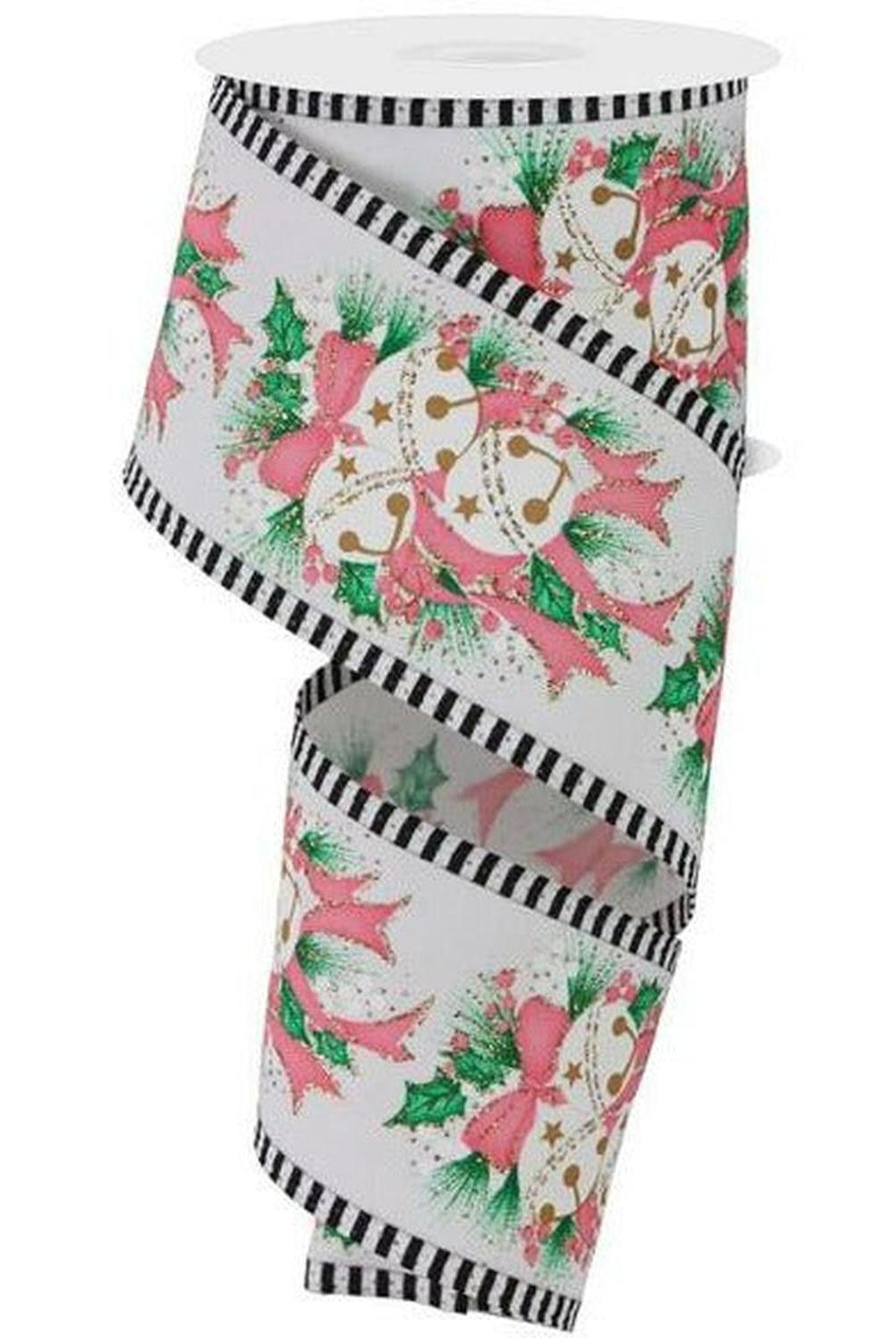 2.5" Jingle Bell Holly Stripe Edge Ribbon: White (10 Yards)